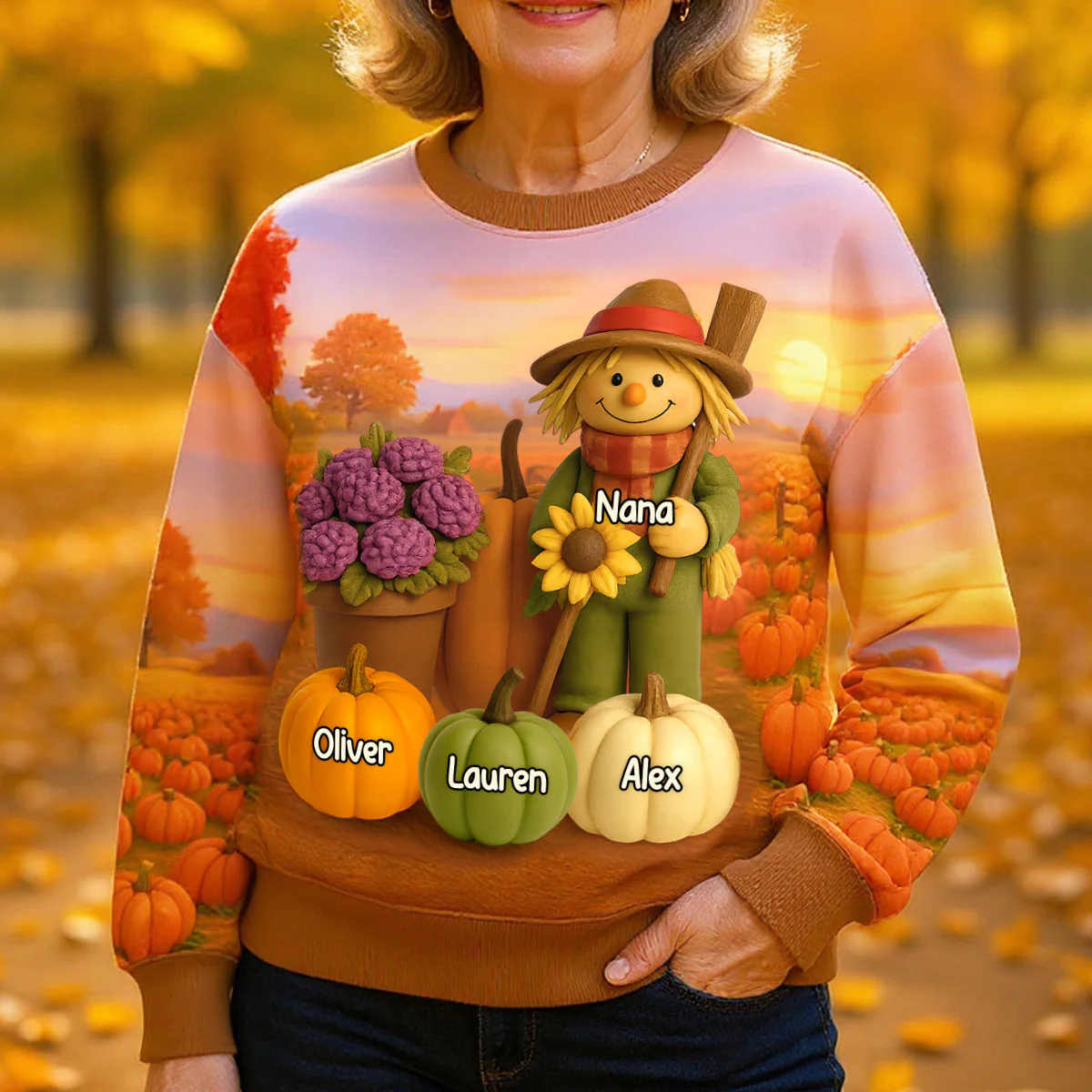 Fall Scarecrow Grandma with Pumpkins Grandkids Names 3D Effect Personalized Sweatshirt - Image 3