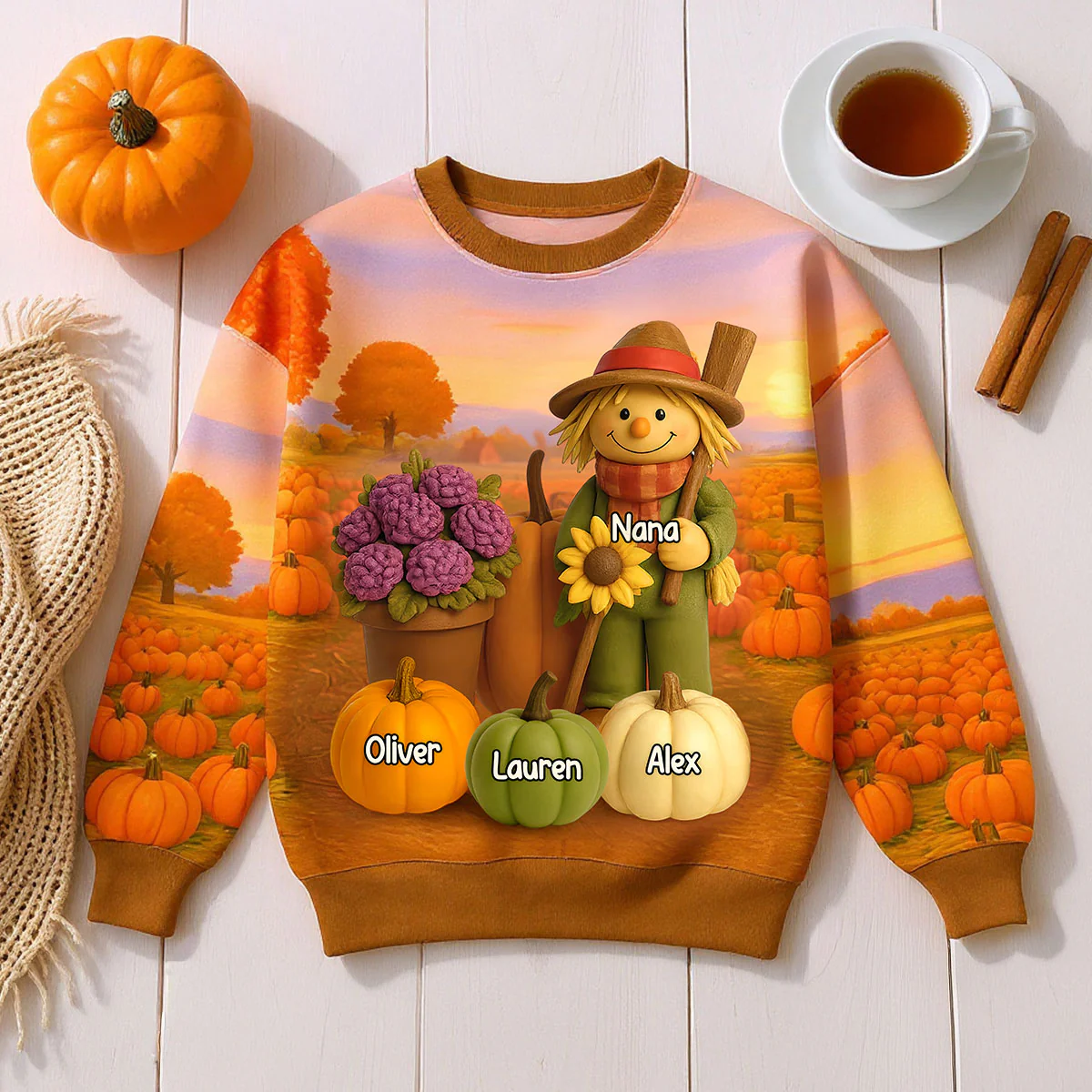 Fall Scarecrow Grandma with Pumpkins Grandkids Names 3D Effect Personalized Sweatshirt - Image 4