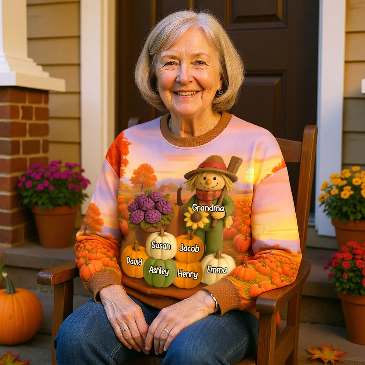 Fall Scarecrow Grandma with Pumpkins Grandkids Names 3D Effect Personalized Sweatshirt - Image 5