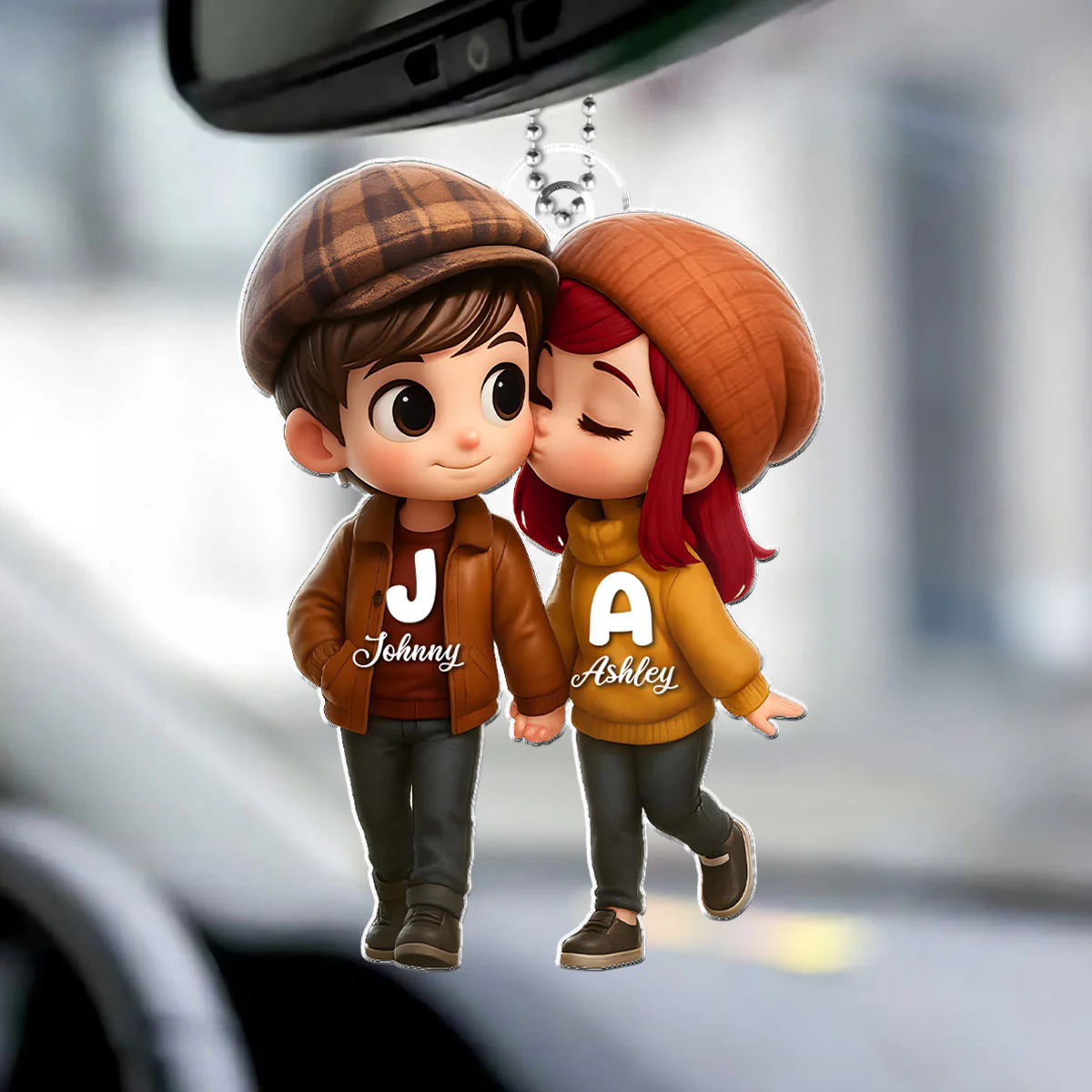 Fall Season 3D Effect Cute Cartoon Couple Walking Personalized Car Ornament, Perfect Gift for him, Gift for her - Image 2