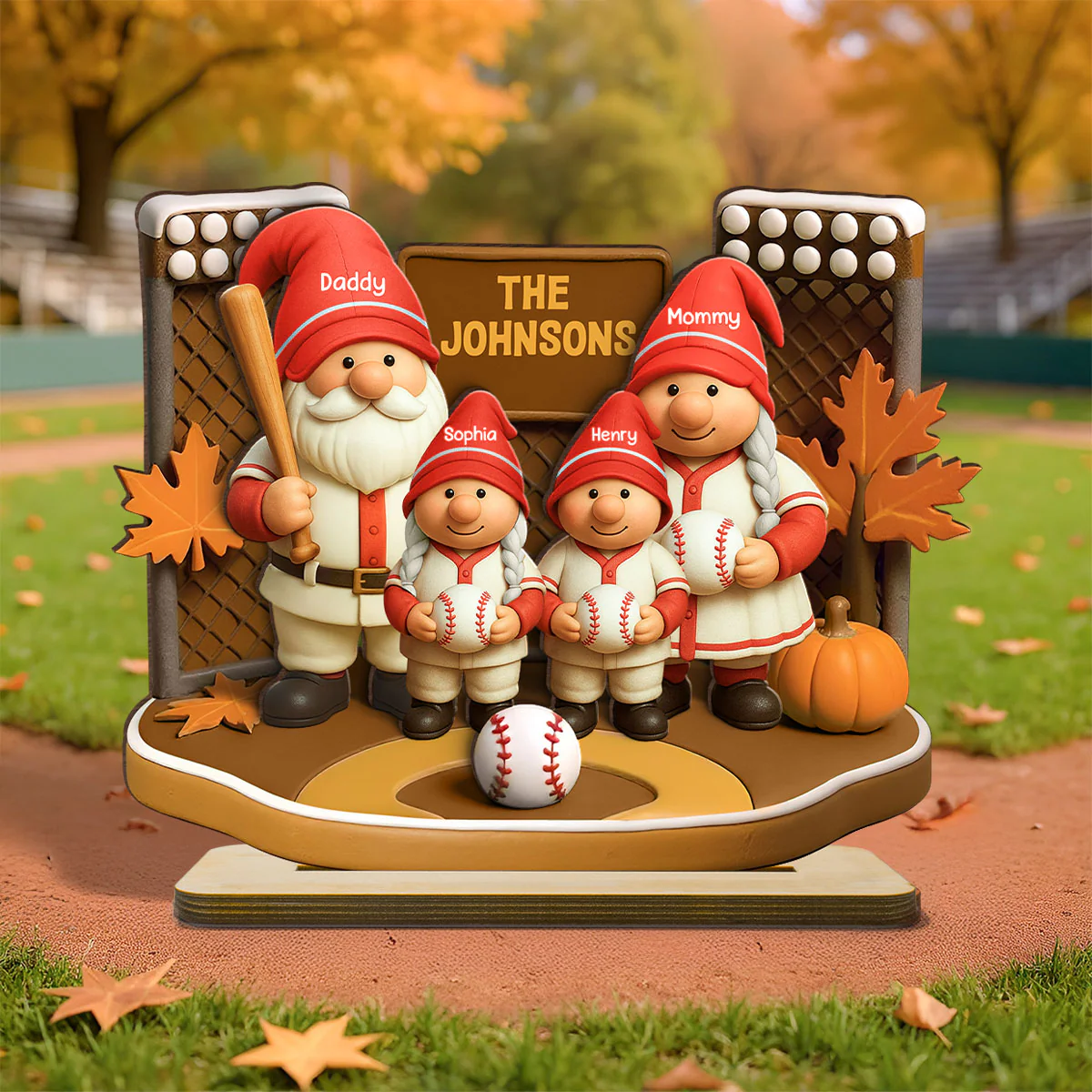 Fall Season Baseball Gnome Family 3D Effect Personalized Standing Wooden Plaque - Image 2