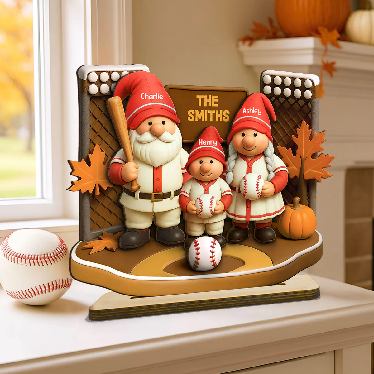 Fall Season Baseball Gnome Family 3D Effect Personalized Standing Wooden Plaque - Image 3