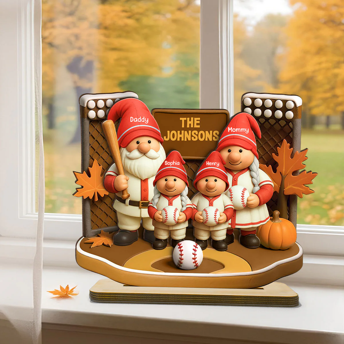 Fall Season Baseball Gnome Family 3D Effect Personalized Standing Wooden Plaque - Image 4