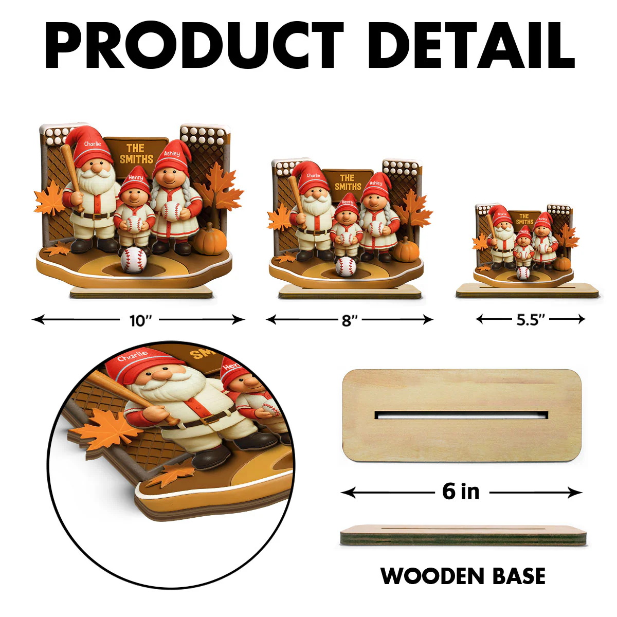 Fall Season Baseball Gnome Family 3D Effect Personalized Standing Wooden Plaque - Image 7