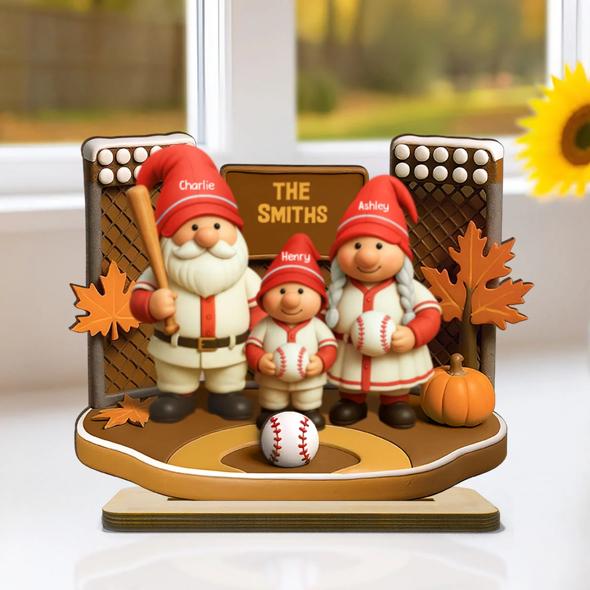 Fall Season Baseball Gnome Family 3D Effect Personalized Standing Wooden Plaque - Image 9