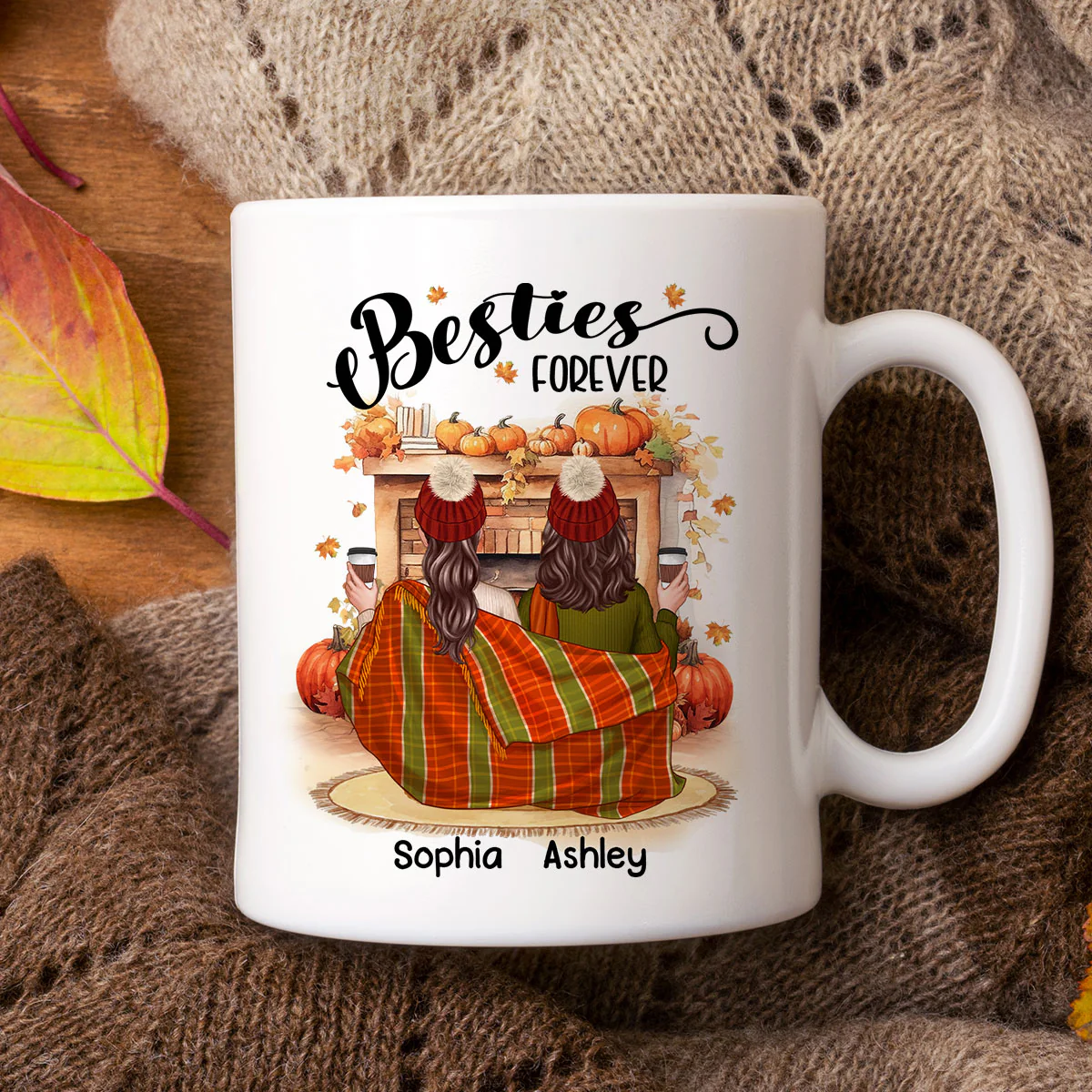 Fall Season Best Friends Sisters Fireplace Personalized Mug - Image 3