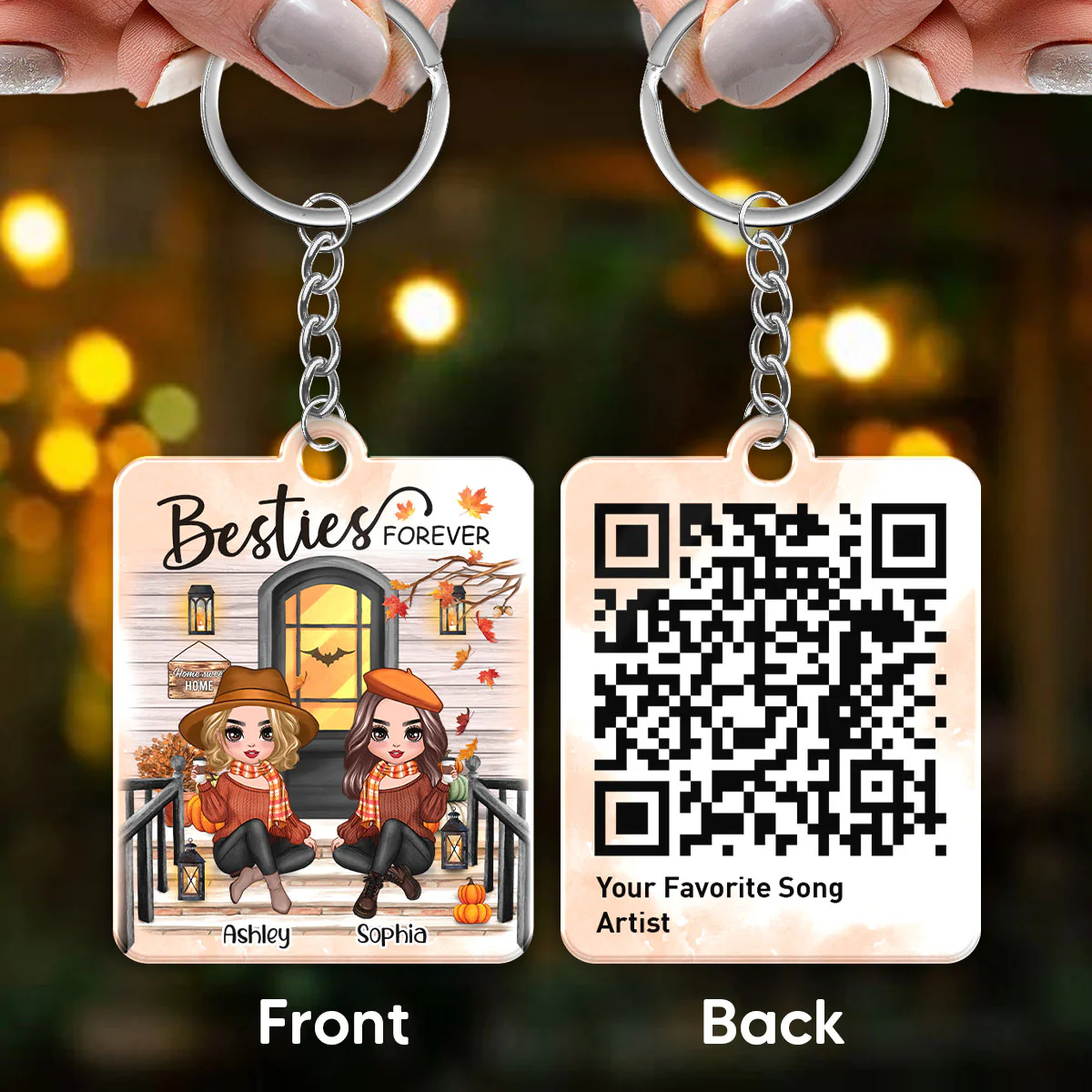 Fall Season Best Friends Sisters Front Porch Favorite Song Scannable QR Code Personalized Acrylic Keychain - Image 2