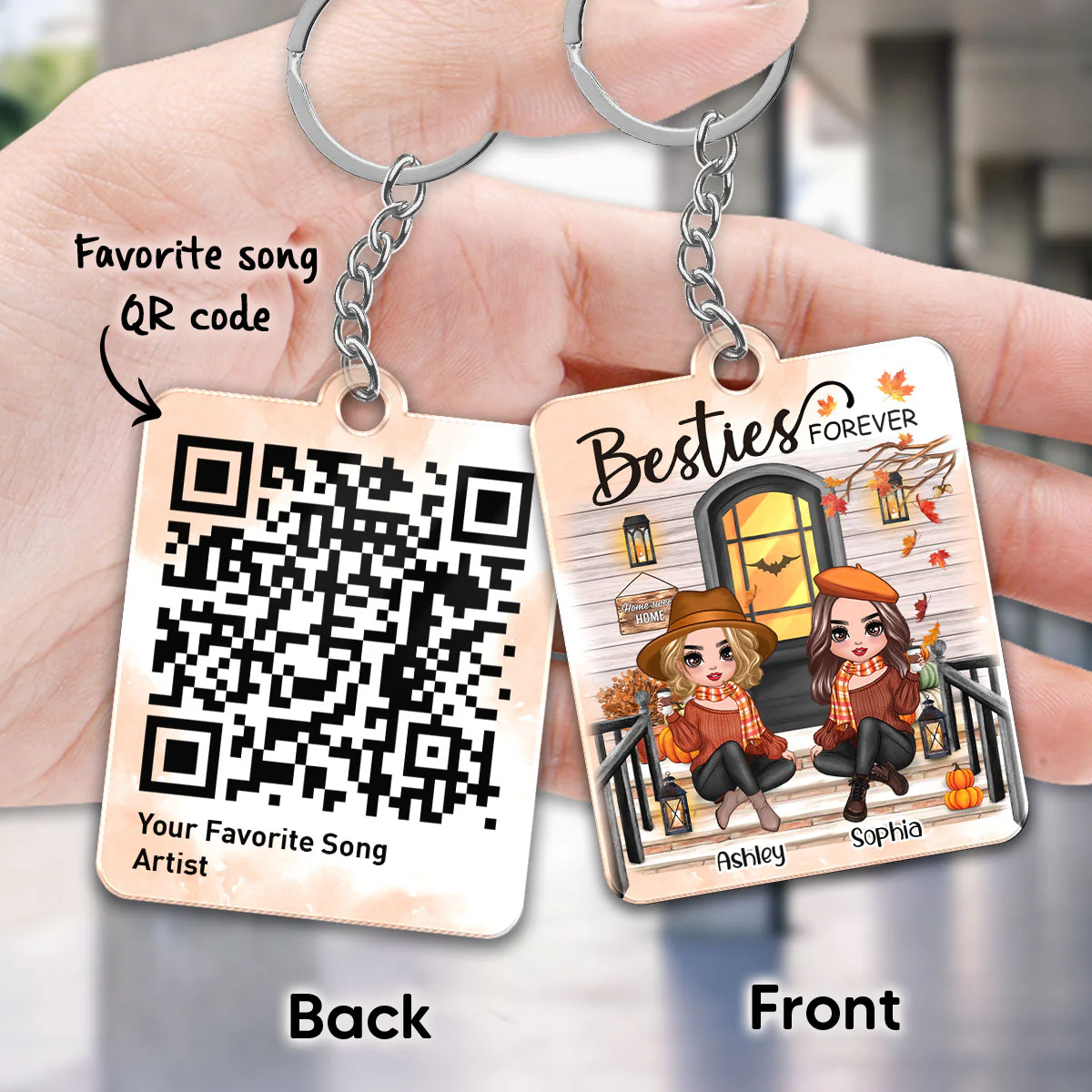 Fall Season Best Friends Sisters Front Porch Favorite Song Scannable QR Code Personalized Acrylic Keychain - Image 3