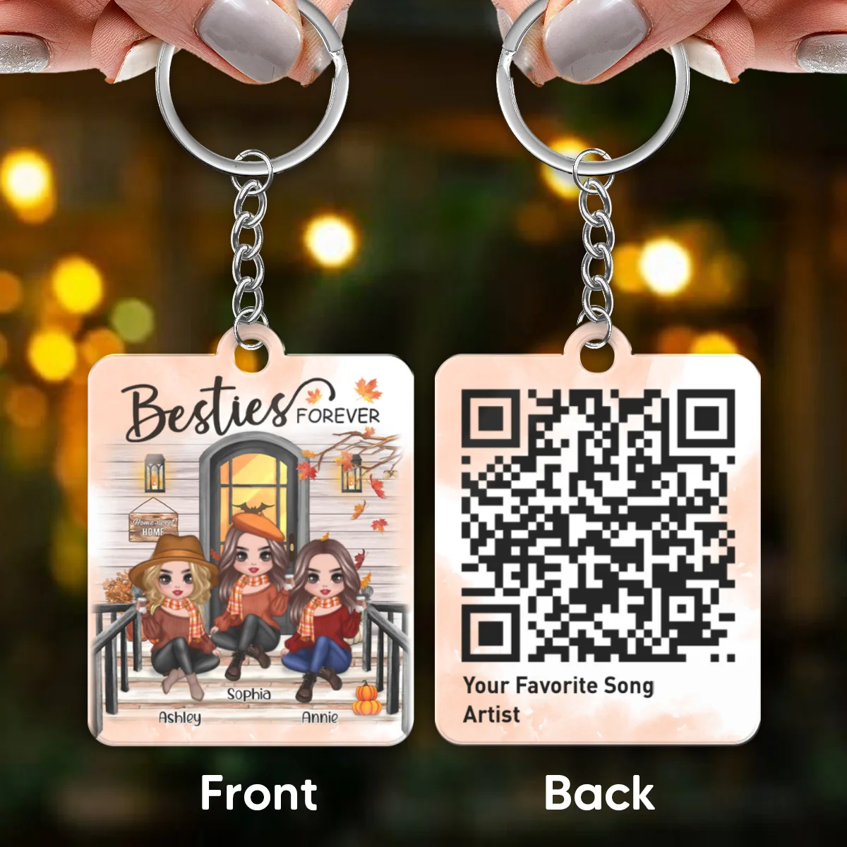 Fall Season Best Friends Sisters Front Porch Favorite Song Scannable QR Code Personalized Acrylic Keychain - Image 4
