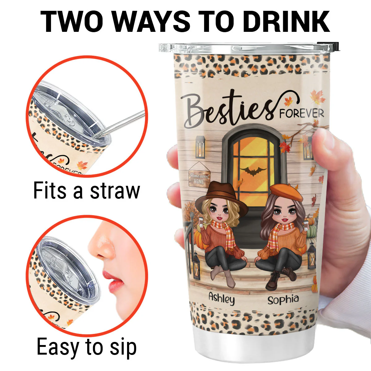 Fall Season Best Friends Sisters Front Porch Personalized Tumbler - Image 3