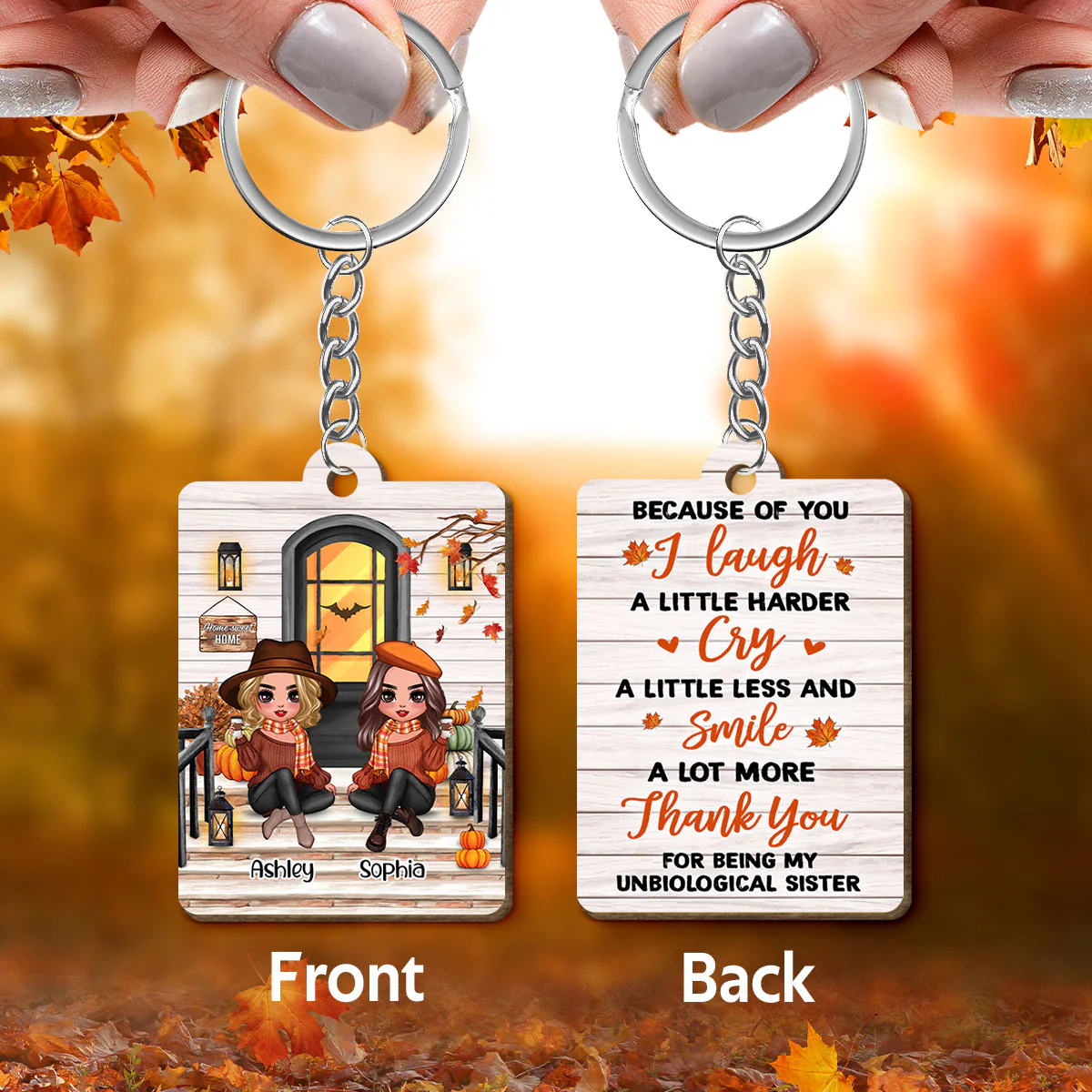 Fall Season Best Friends Sisters Front Porch Personalized Wooden Keychain - Image 3