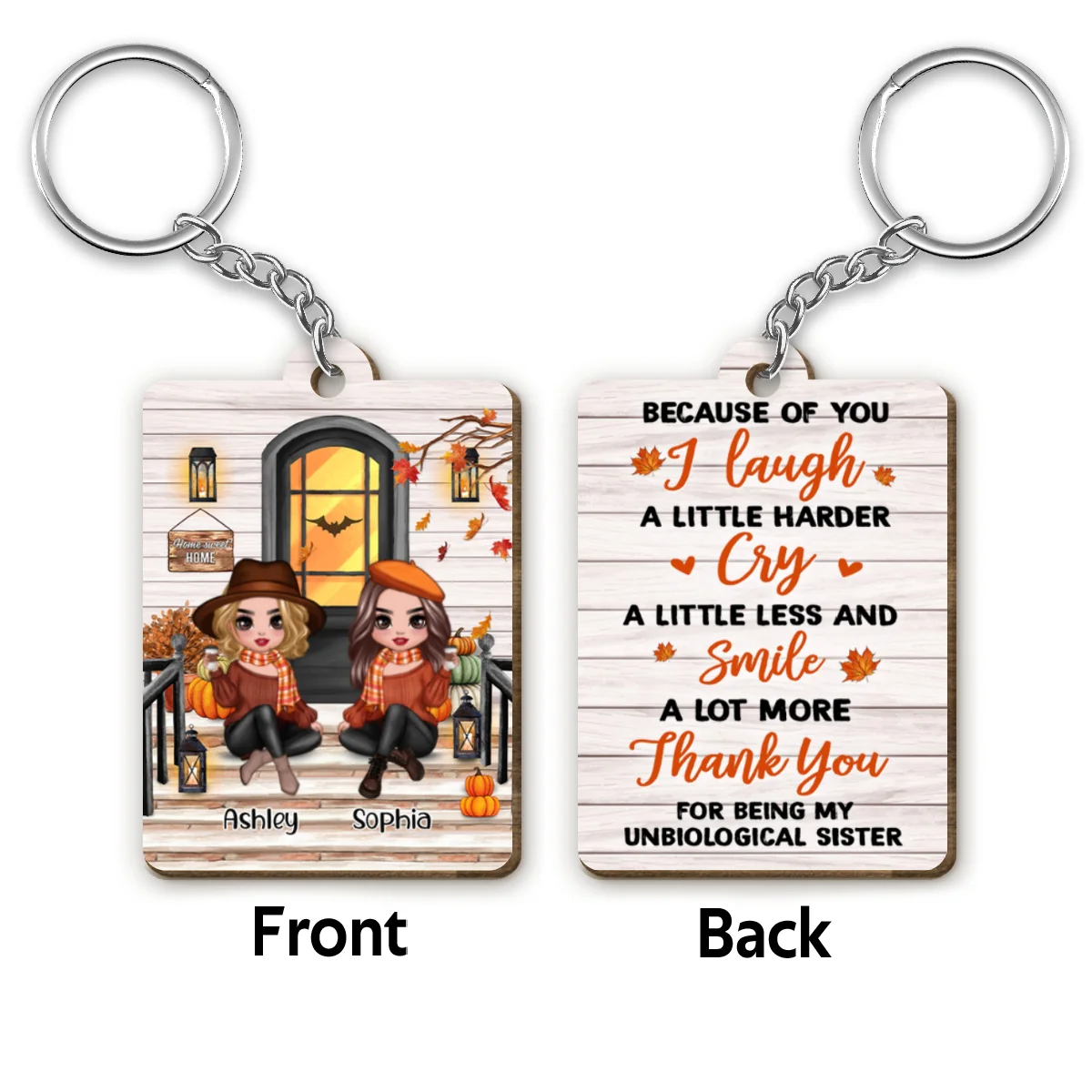 Fall Season Best Friends Sisters Front Porch Personalized Wooden Keychain - Image 4