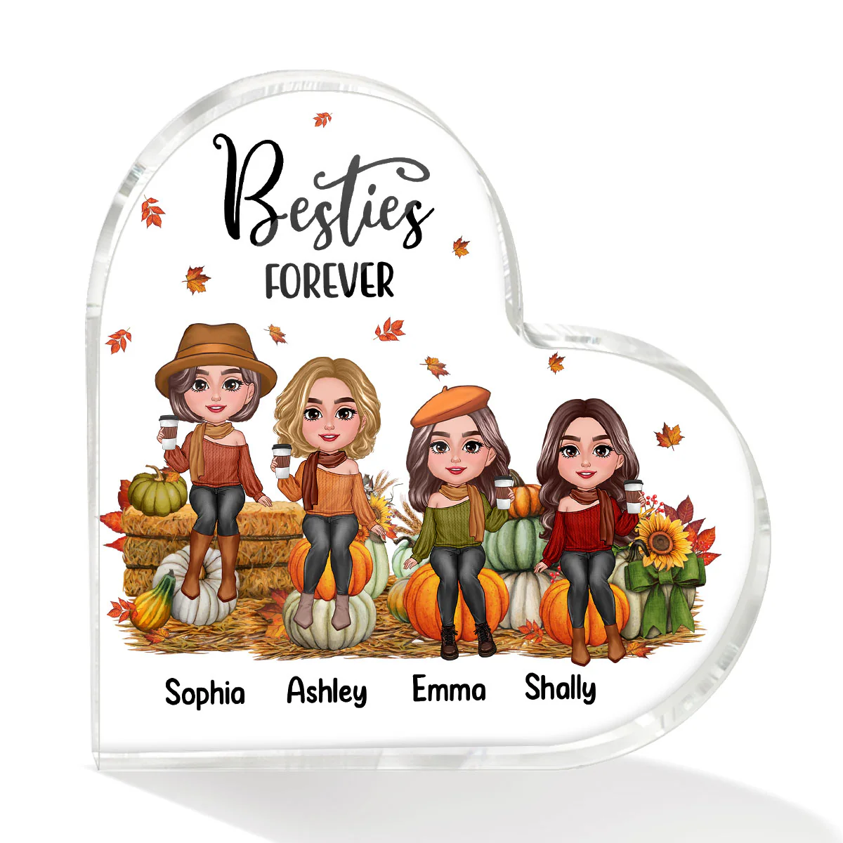 Fall Season Best Friends Sisters Sitting On Pumpkins Personalized Acrylic Heart Plaque - Image 2