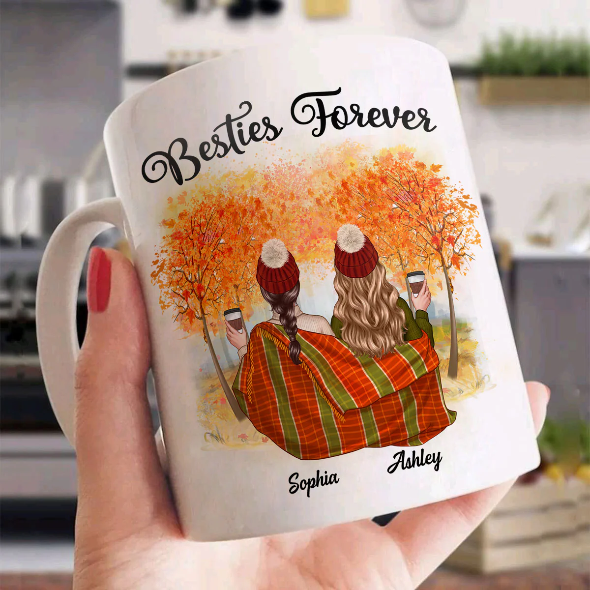 Fall Season Best Friends Sisters With Blanket In Forest Personalized Mug - Image 3