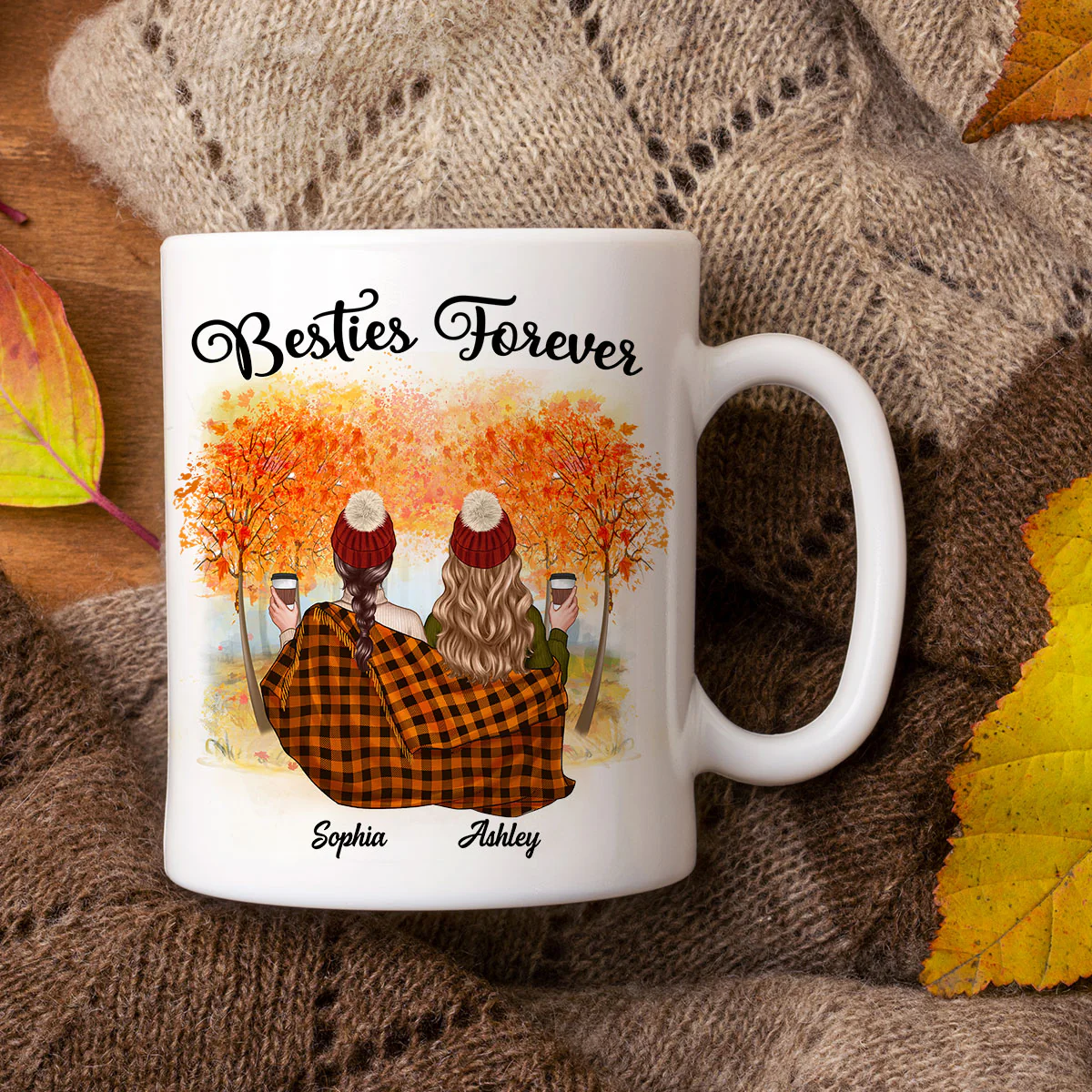 Fall Season Best Friends Sisters With Blanket In Forest Personalized Mug - Image 4