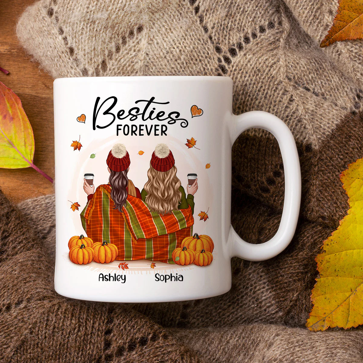 Fall Season Best Friends Sisters With Blanket Pumpkin Patch Personalized Mug - Image 4