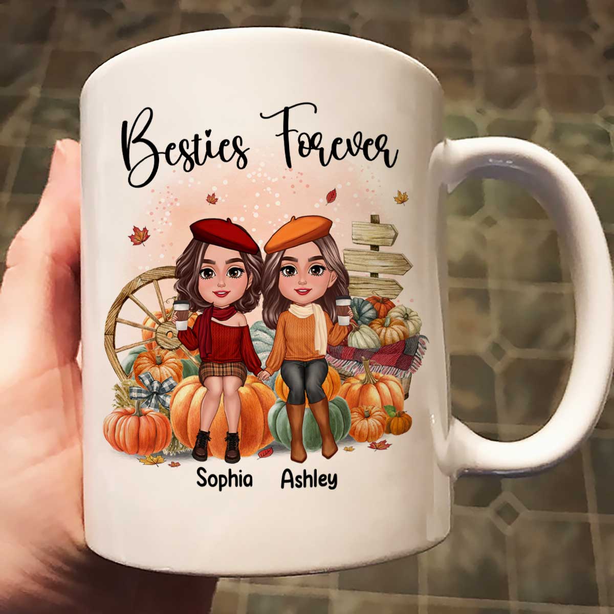 Fall Season Besties Sister Sitting On Pumpkins Personalized Mug - Image 2