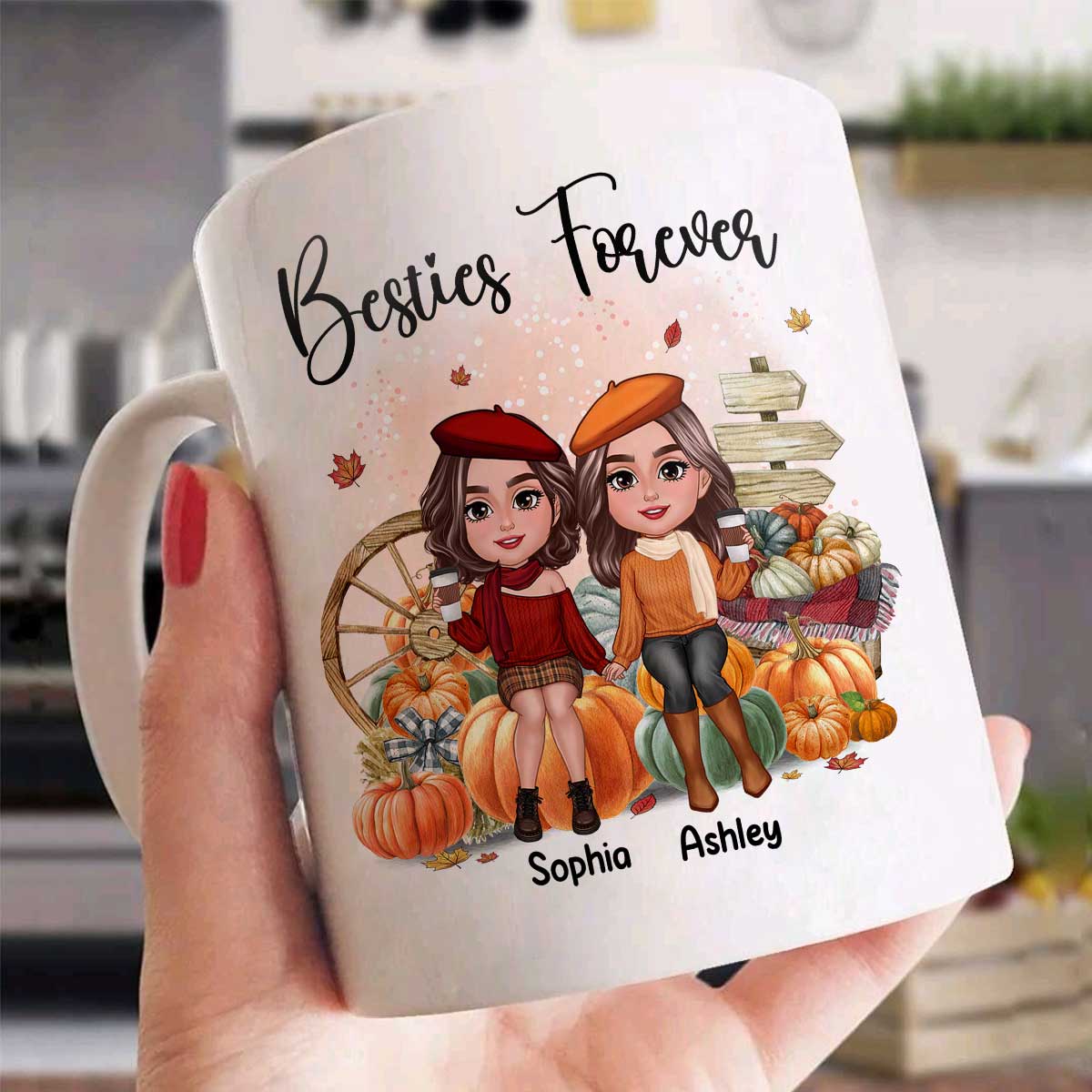 Fall Season Besties Sister Sitting On Pumpkins Personalized Mug - Image 3