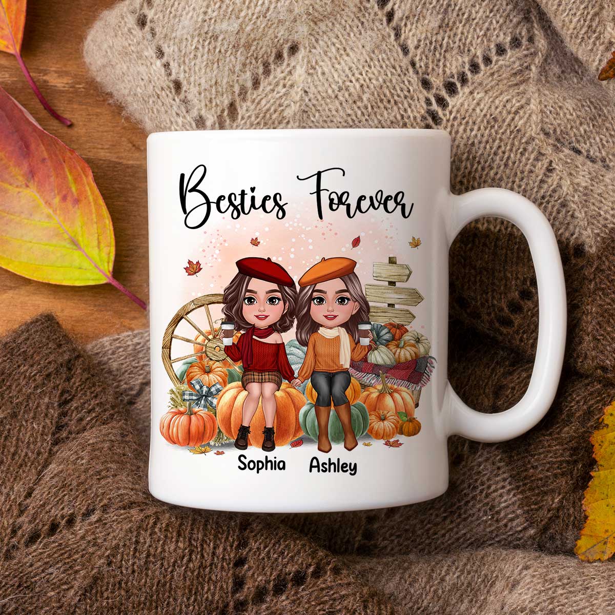 Fall Season Besties Sister Sitting On Pumpkins Personalized Mug - Image 4