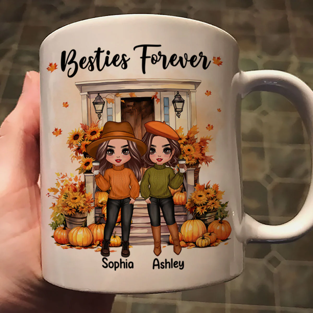 Fall Season Besties Sister Standing Front Door Personlized Mug - Image 2