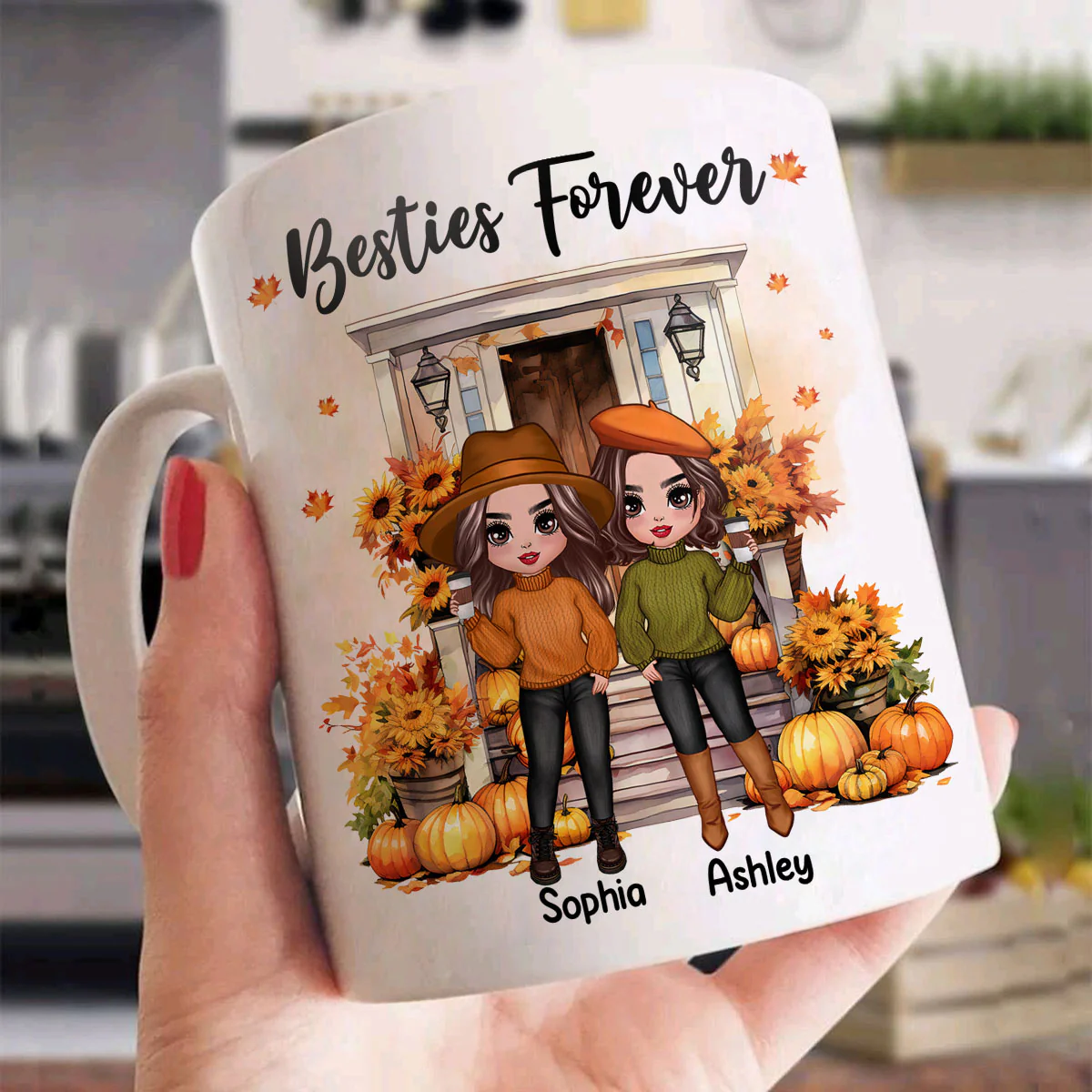 Fall Season Besties Sister Standing Front Door Personlized Mug - Image 3