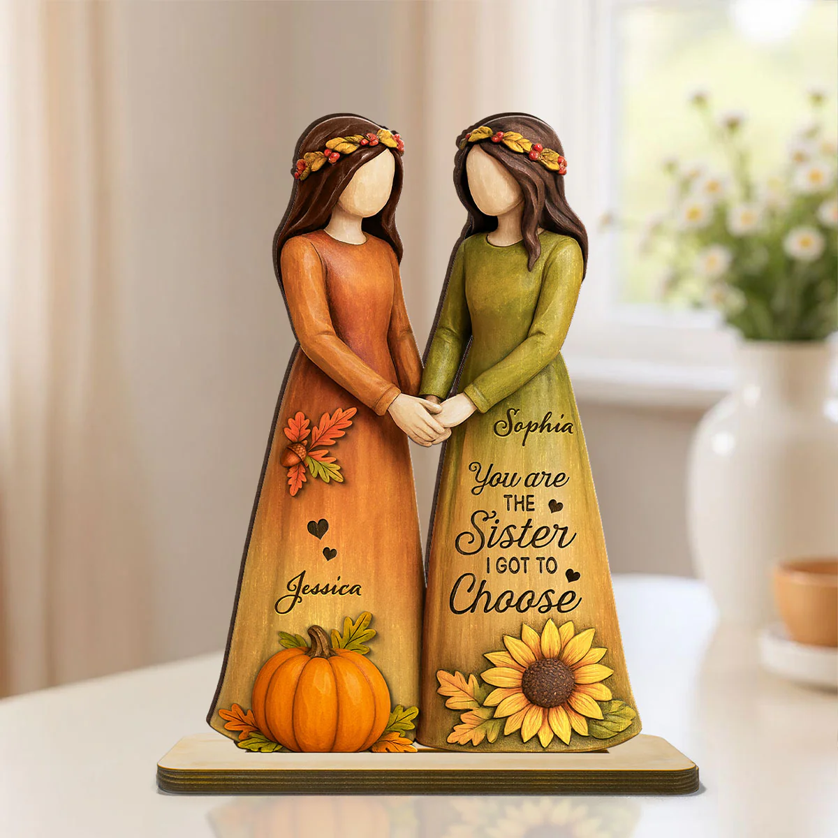 Fall Season Besties Sisters 3D Effect Personalized Standing Wooden Plaque, Gift Friendship Gift for Besties - Image 5