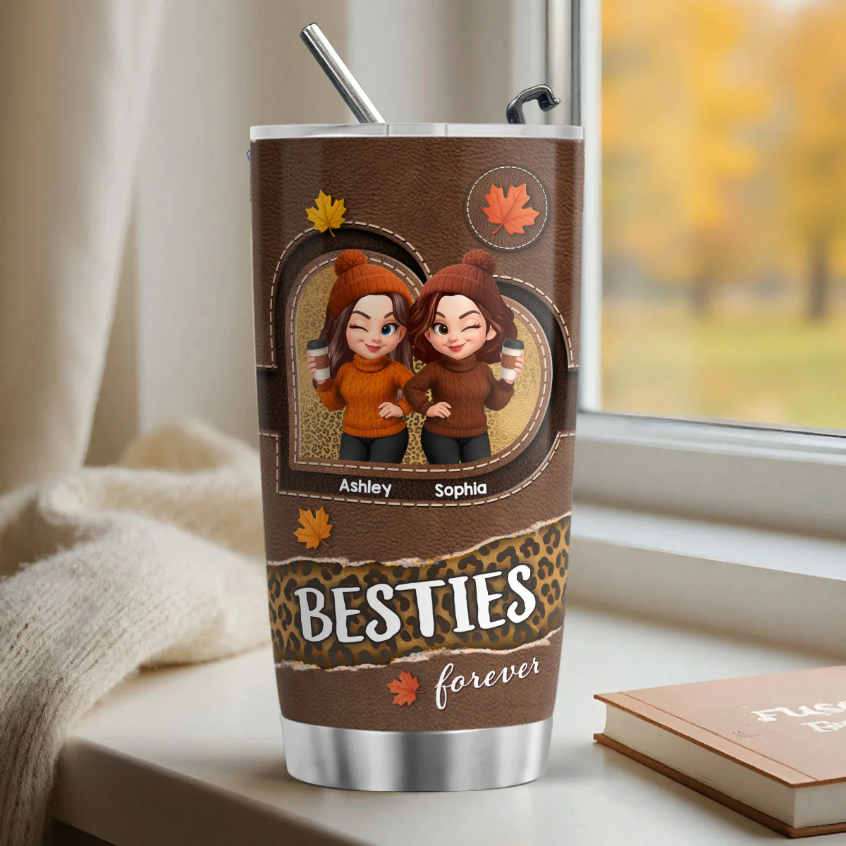 Fall Season Besties Sisters Fall Leather Pattern Personalized Tumbler - Image 2