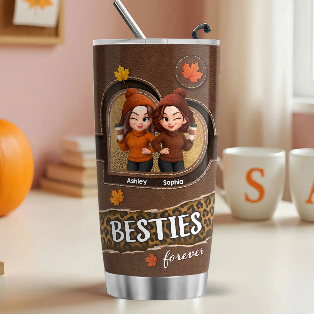 Fall Season Besties Sisters Fall Leather Pattern Personalized Tumbler - Image 3