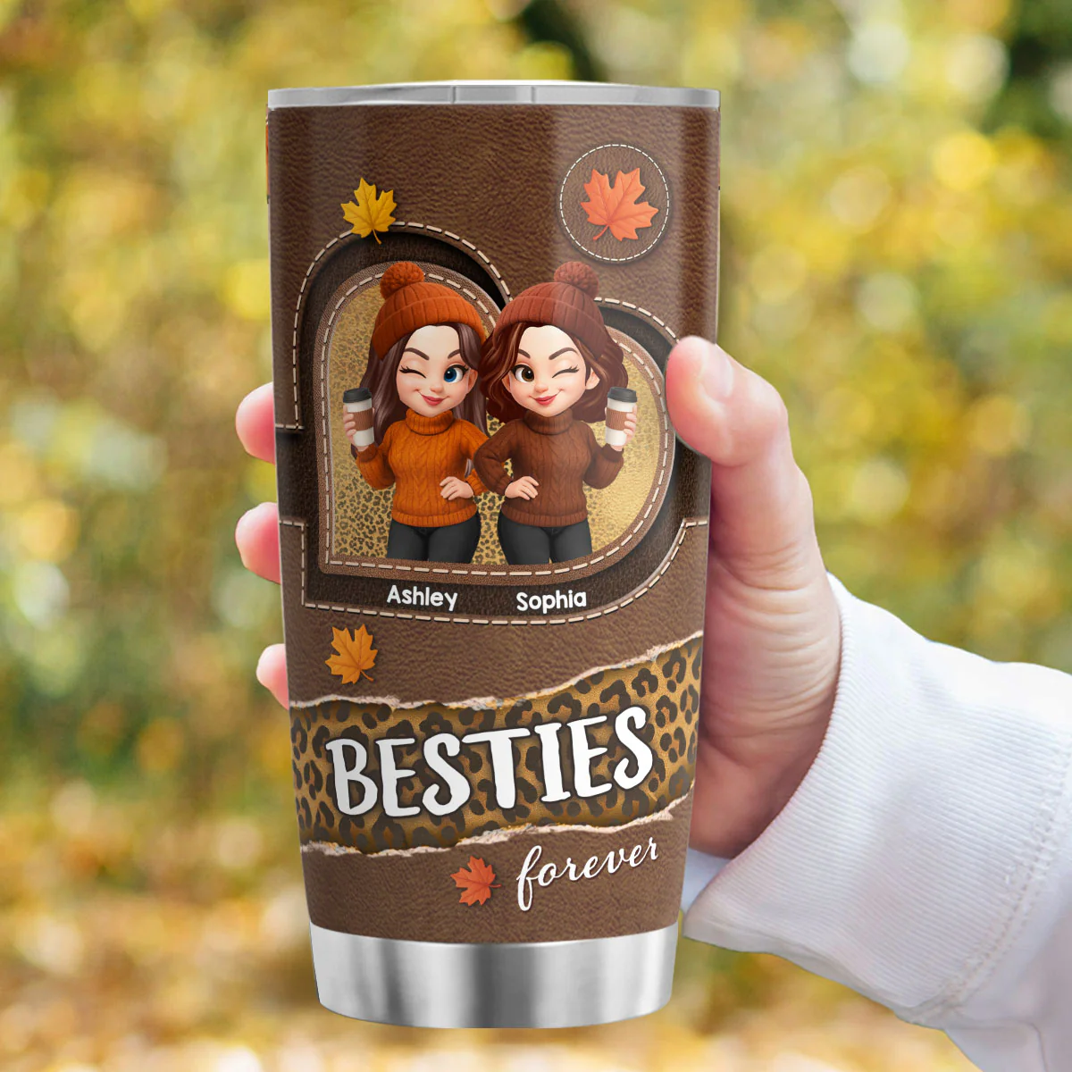 Fall Season Besties Sisters Fall Leather Pattern Personalized Tumbler - Image 4