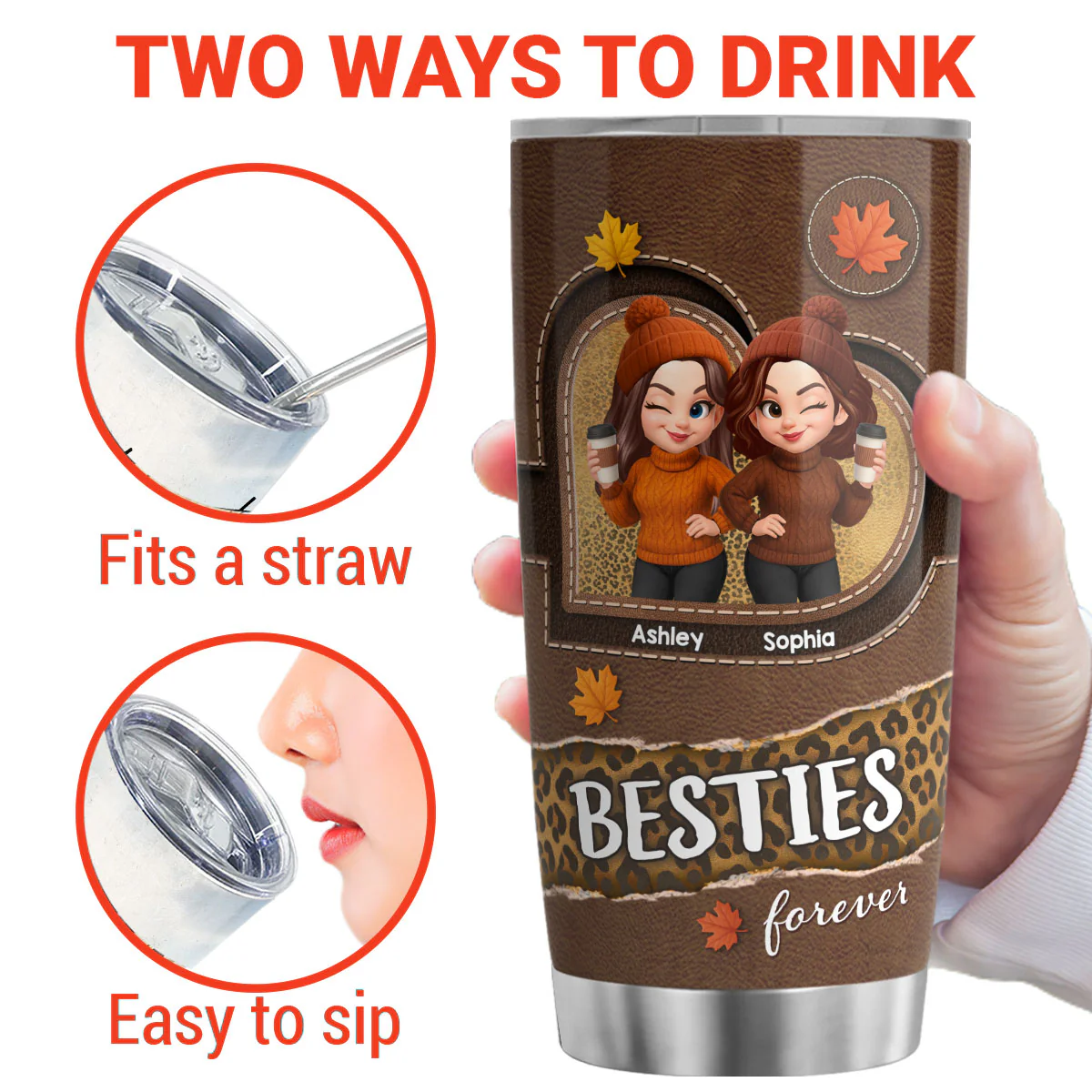 Fall Season Besties Sisters Fall Leather Pattern Personalized Tumbler - Image 6