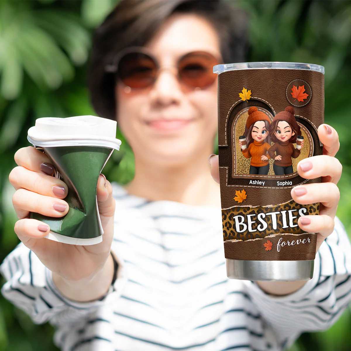 Fall Season Besties Sisters Fall Leather Pattern Personalized Tumbler - Image 7