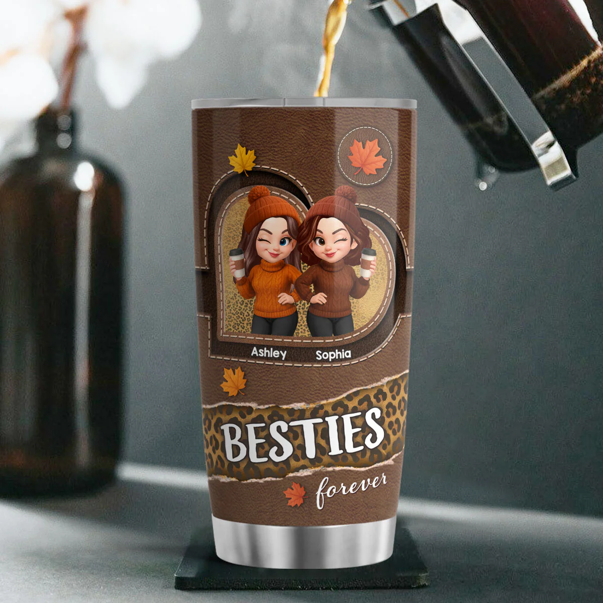 Fall Season Besties Sisters Fall Leather Pattern Personalized Tumbler - Image 8