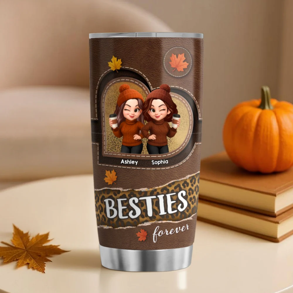 Fall Season Besties Sisters Fall Leather Pattern Personalized Tumbler - Image 9