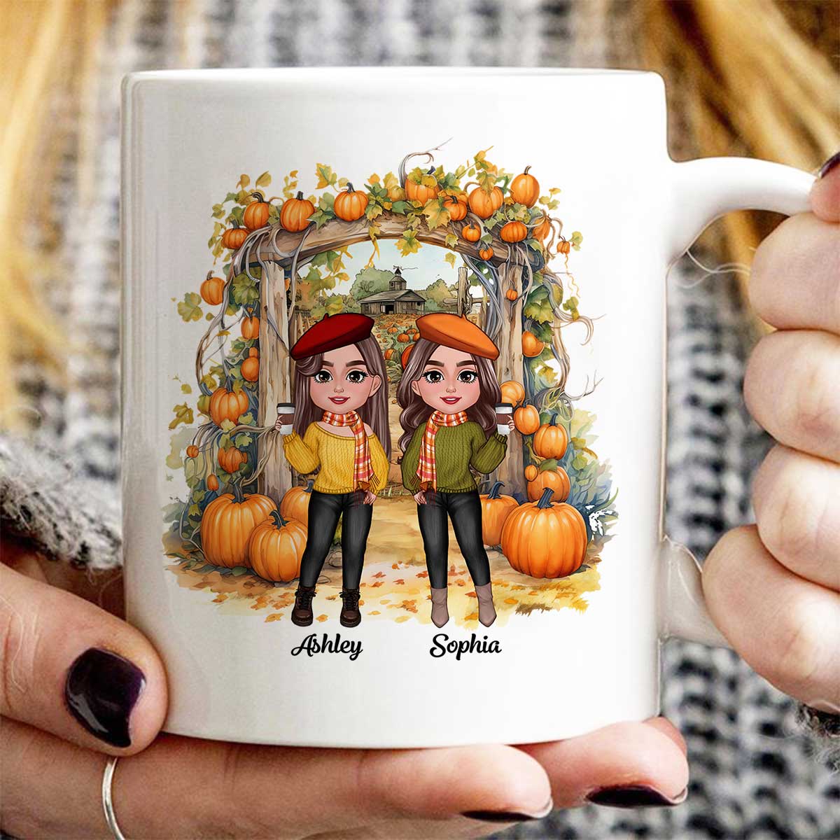 Fall Season Besties Sisters Pumpkin Patch Gate Personalized Mug - Image 3
