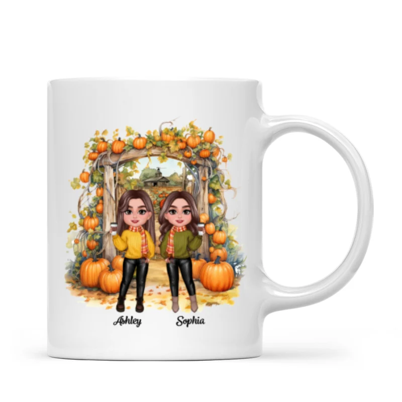 Fall Season Besties Sisters Pumpkin Patch Gate Personalized Mug - Image 4