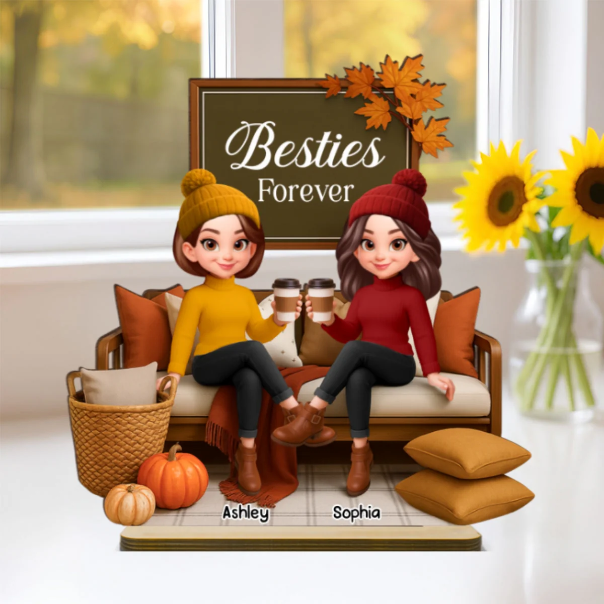 Fall Season Besties Sisters Sitting On Cozy Sofa Personalized Standing Wooden Plaque - Image 10