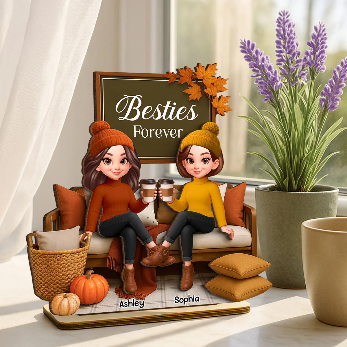 Fall Season Besties Sisters Sitting On Cozy Sofa Personalized Standing Wooden Plaque - Image 2