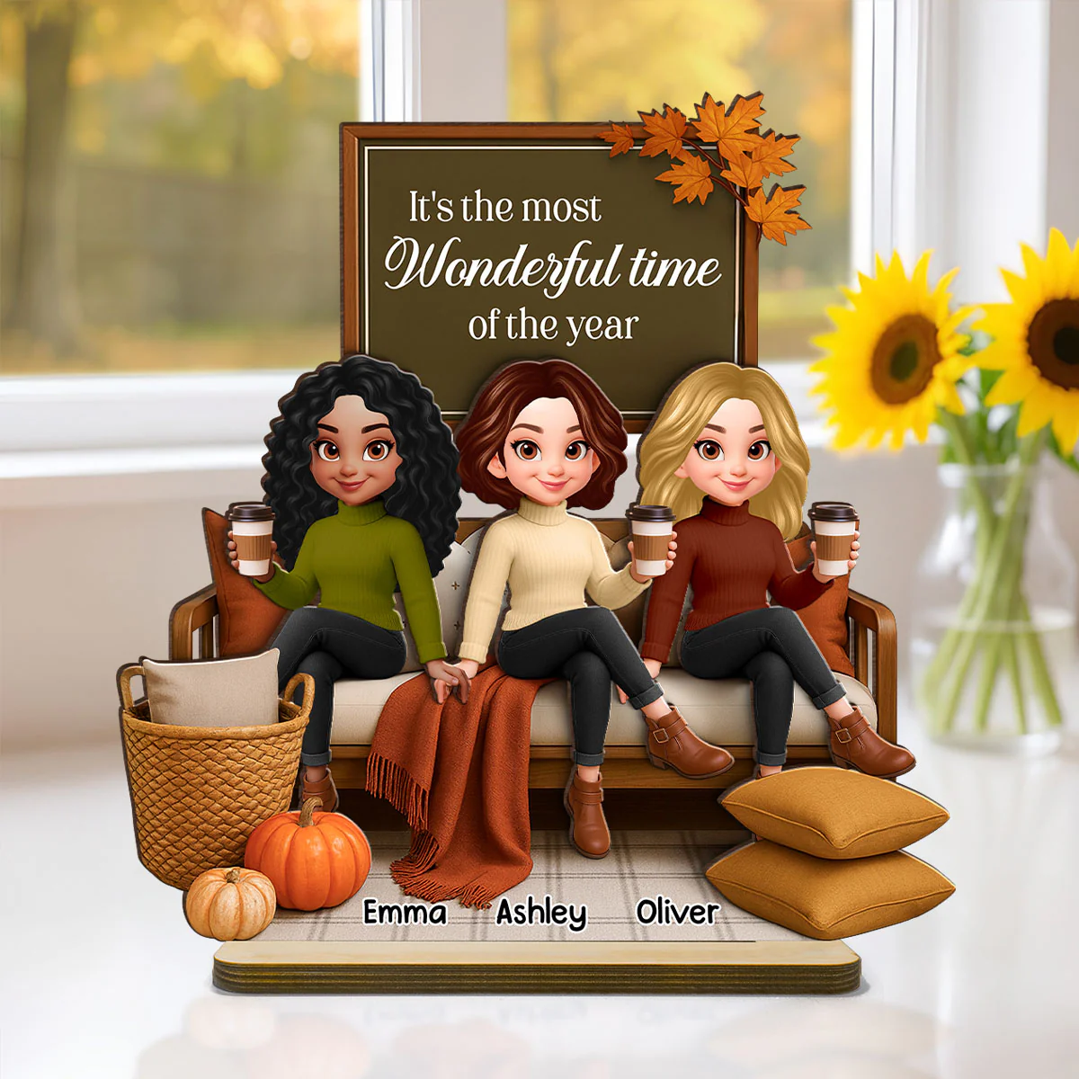Fall Season Besties Sisters Sitting On Cozy Sofa Personalized Standing Wooden Plaque - Image 4