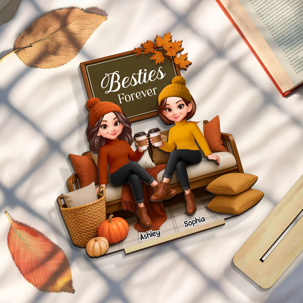 Fall Season Besties Sisters Sitting On Cozy Sofa Personalized Standing Wooden Plaque - Image 5