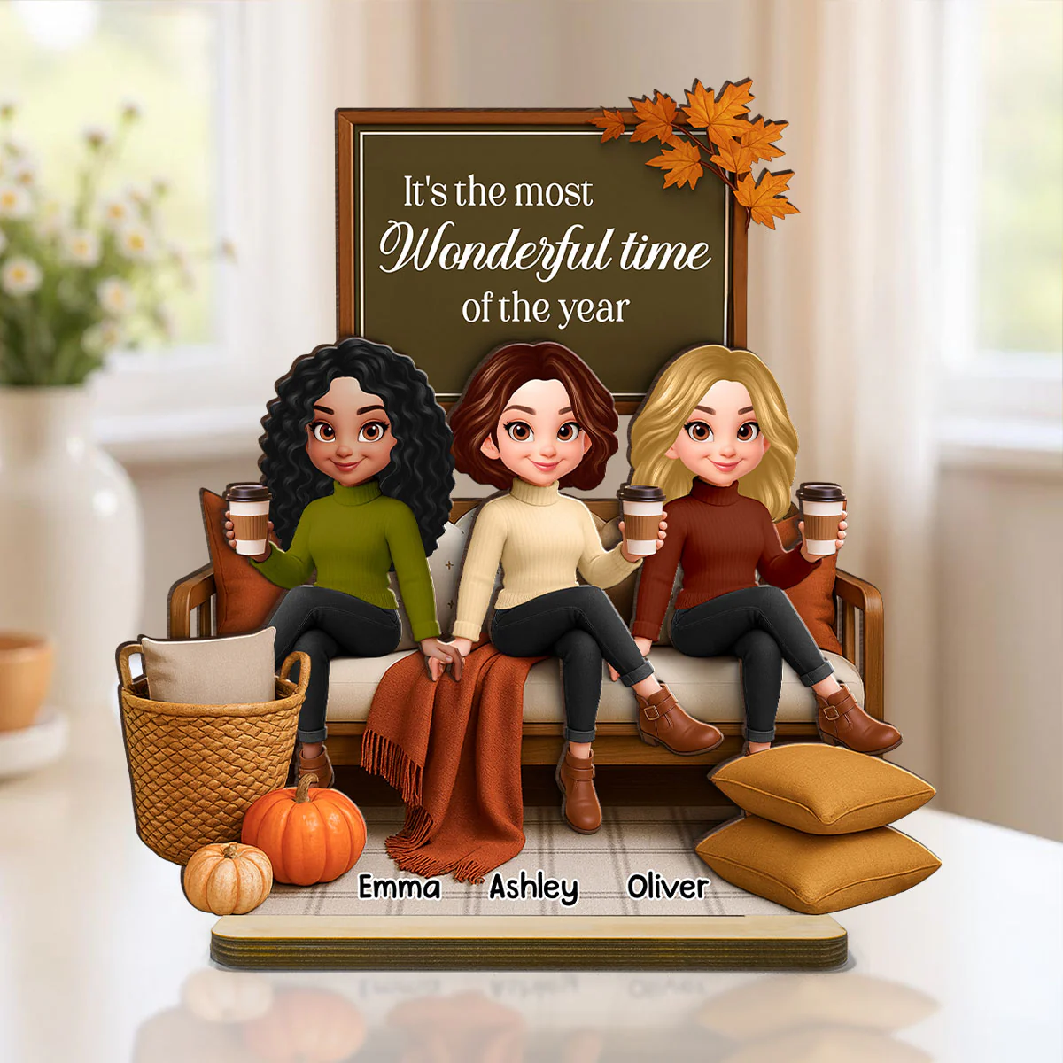 Fall Season Besties Sisters Sitting On Cozy Sofa Personalized Standing Wooden Plaque - Image 6