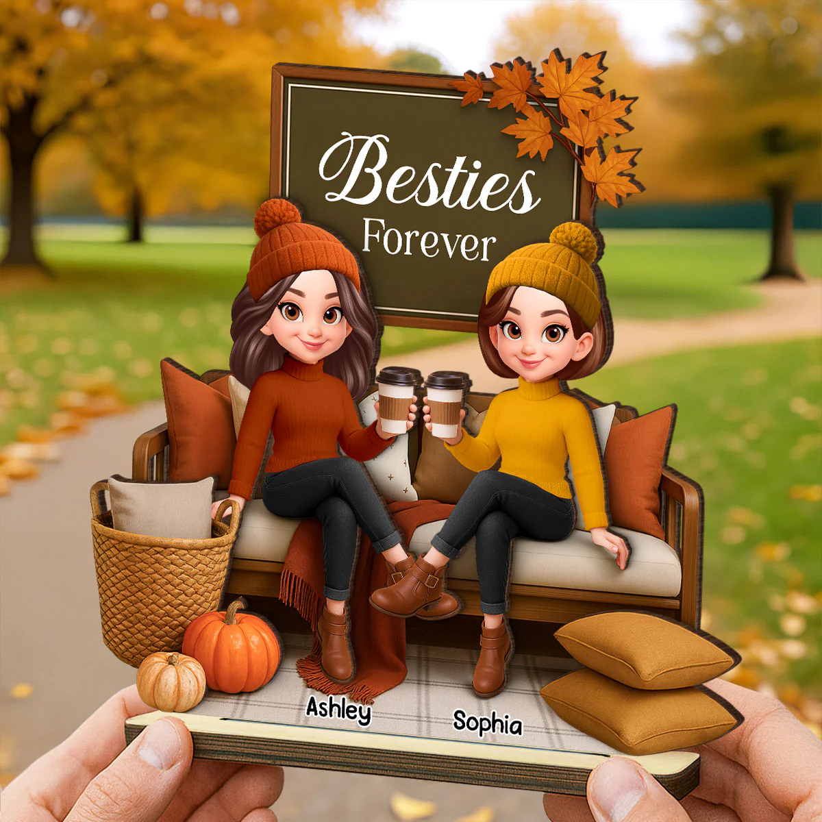 Fall Season Besties Sisters Sitting On Cozy Sofa Personalized Standing Wooden Plaque - Image 7