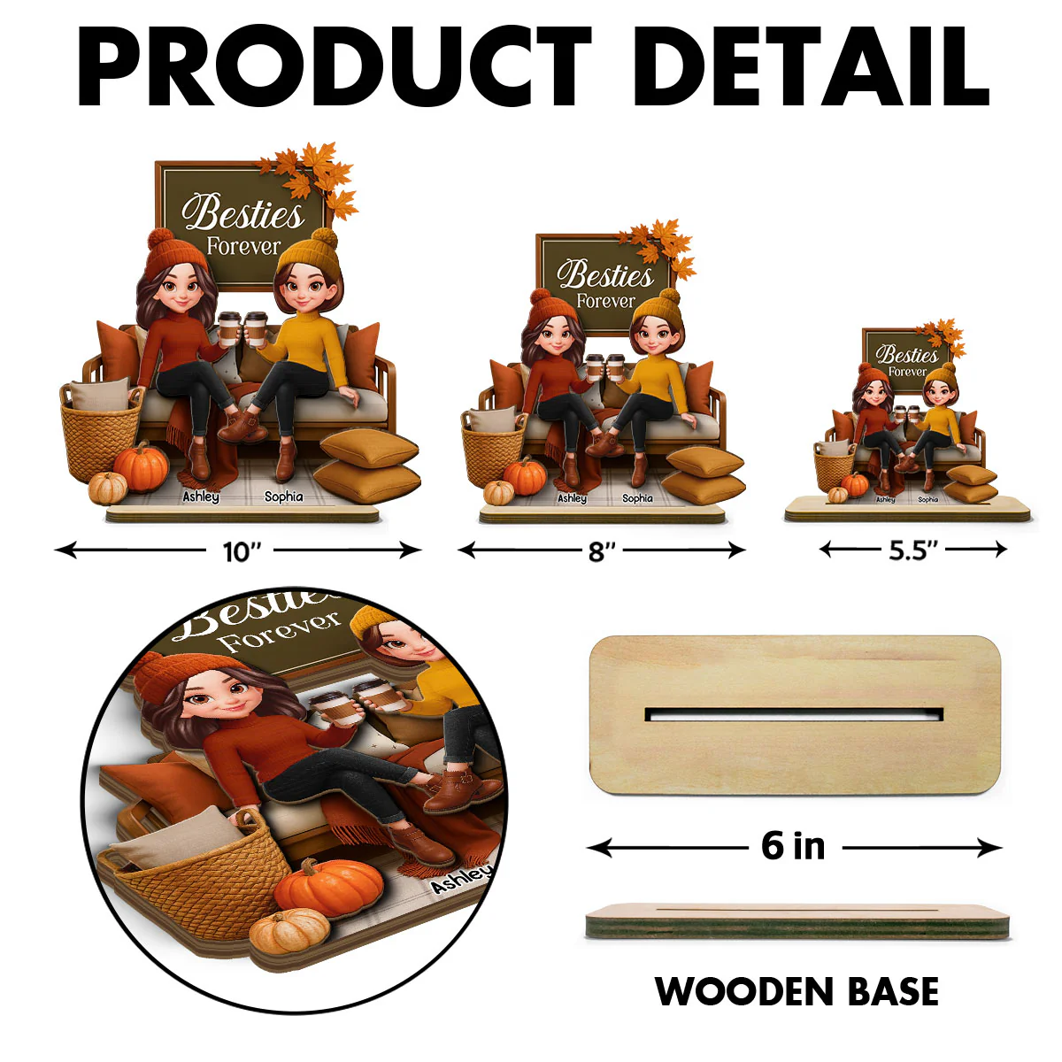 Fall Season Besties Sisters Sitting On Cozy Sofa Personalized Standing Wooden Plaque - Image 8