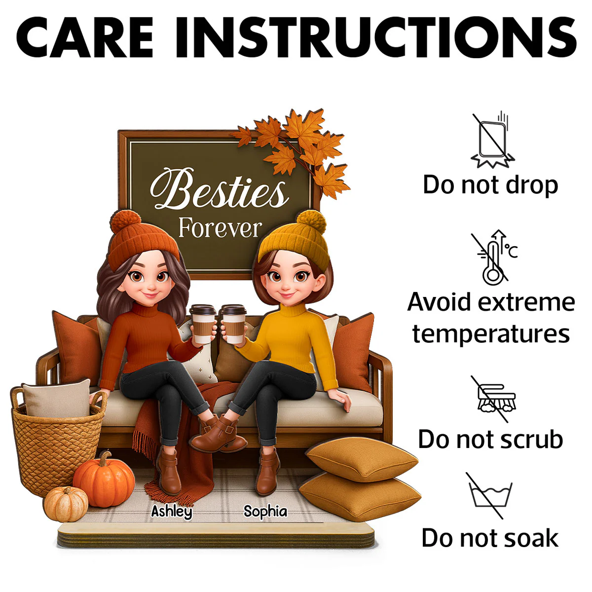 Fall Season Besties Sisters Sitting On Cozy Sofa Personalized Standing Wooden Plaque - Image 9