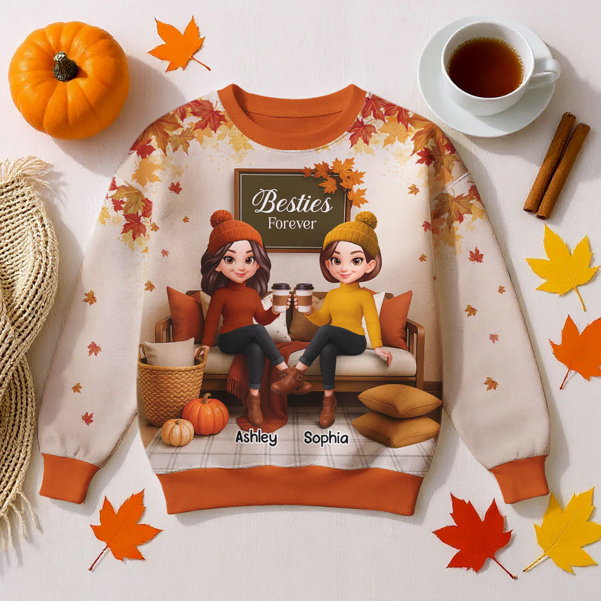 Fall Season Besties Sisters Sitting On Cozy Sofa Personalized 3D Sweatshirt