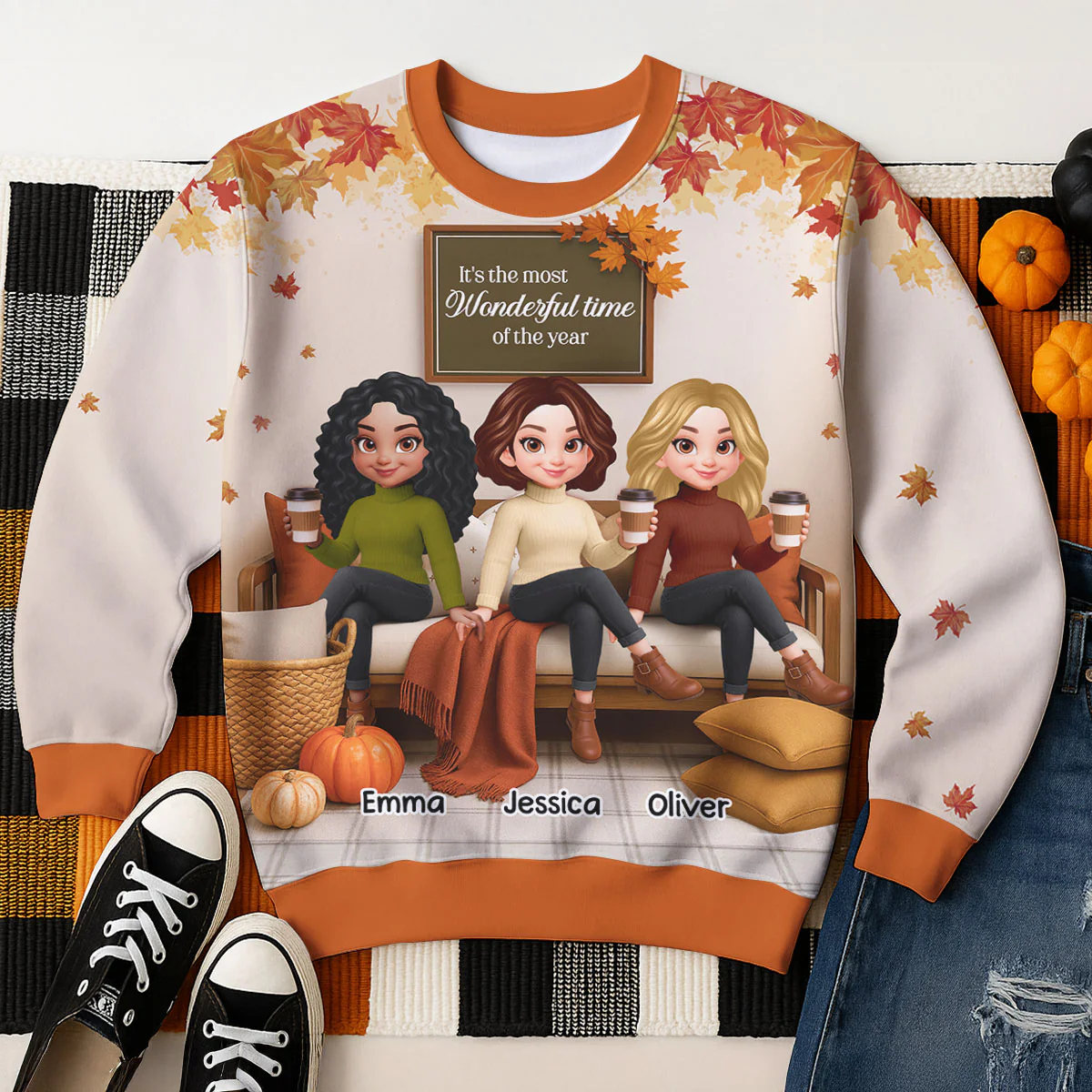 Fall Season Besties Sisters Sitting On Cozy Sofa Personalized 3D Sweatshirt - Image 2