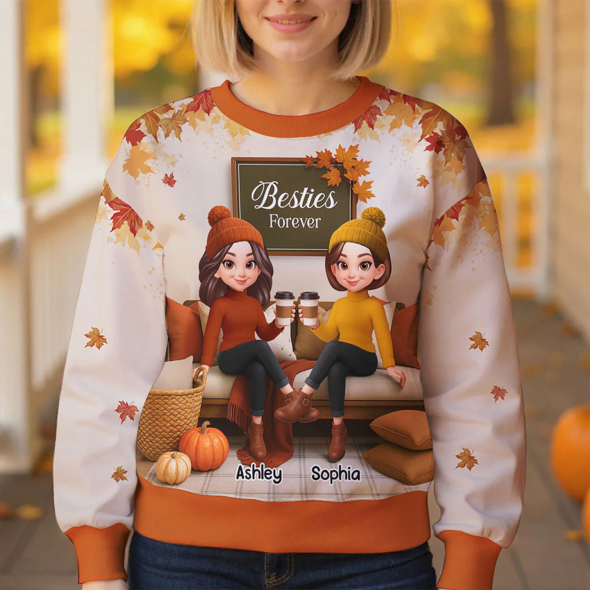 Fall Season Besties Sisters Sitting On Cozy Sofa Personalized 3D Sweatshirt - Image 3