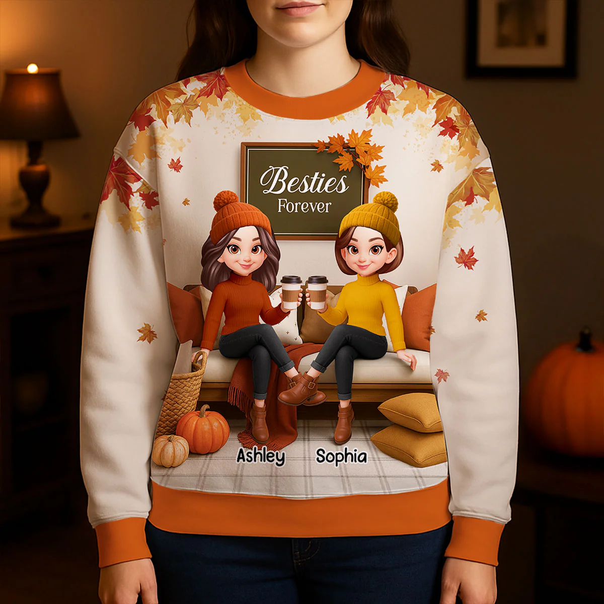 Fall Season Besties Sisters Sitting On Cozy Sofa Personalized 3D Sweatshirt - Image 5