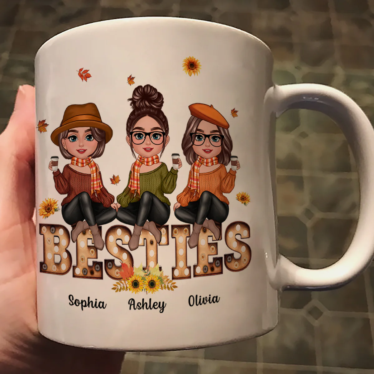 Fall Season Besties Sisters Sitting On Text Marquee Light Personalized Mug - Image 2