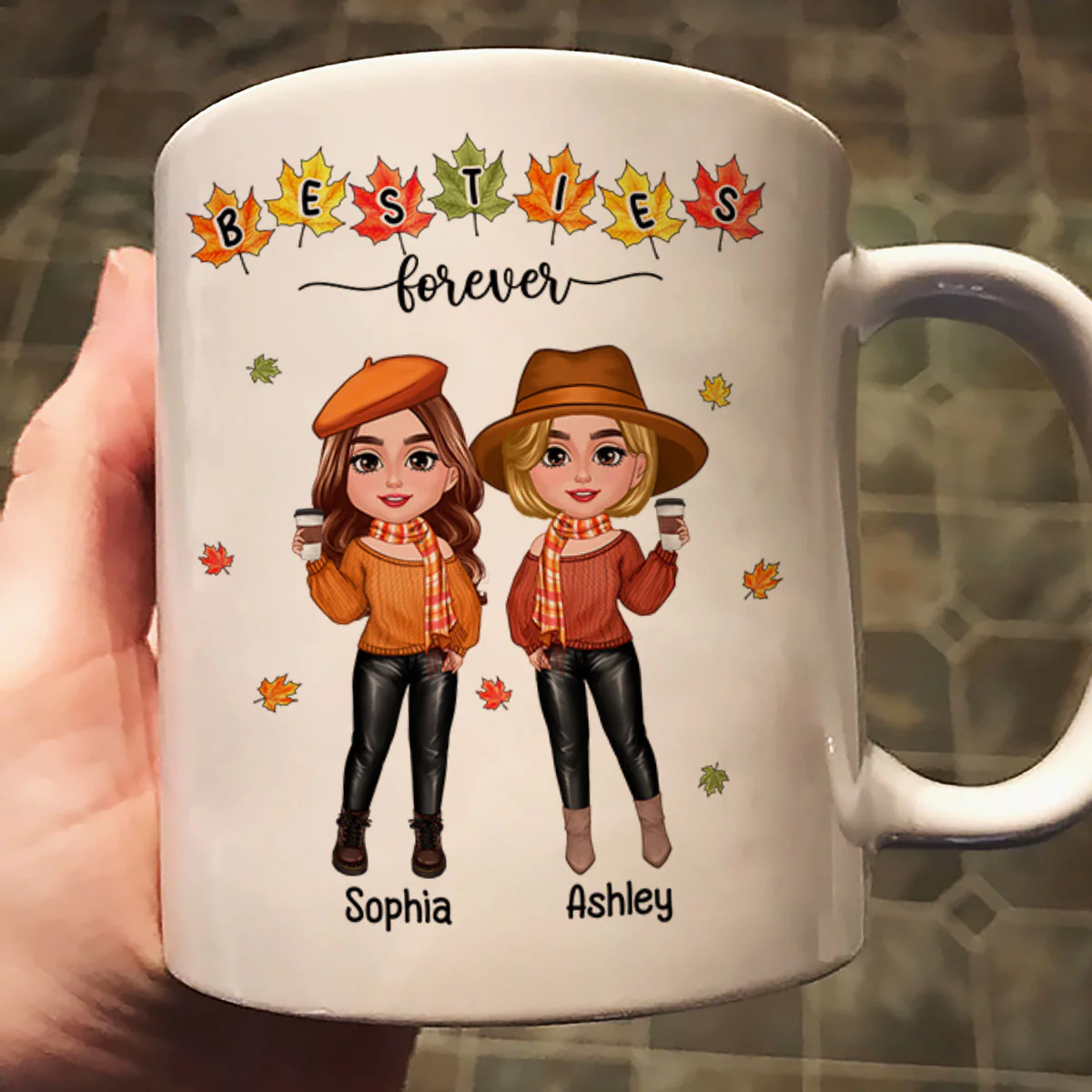 Fall Season Besties Sisters Standing Fall Leaves Personalized Mug - Image 2