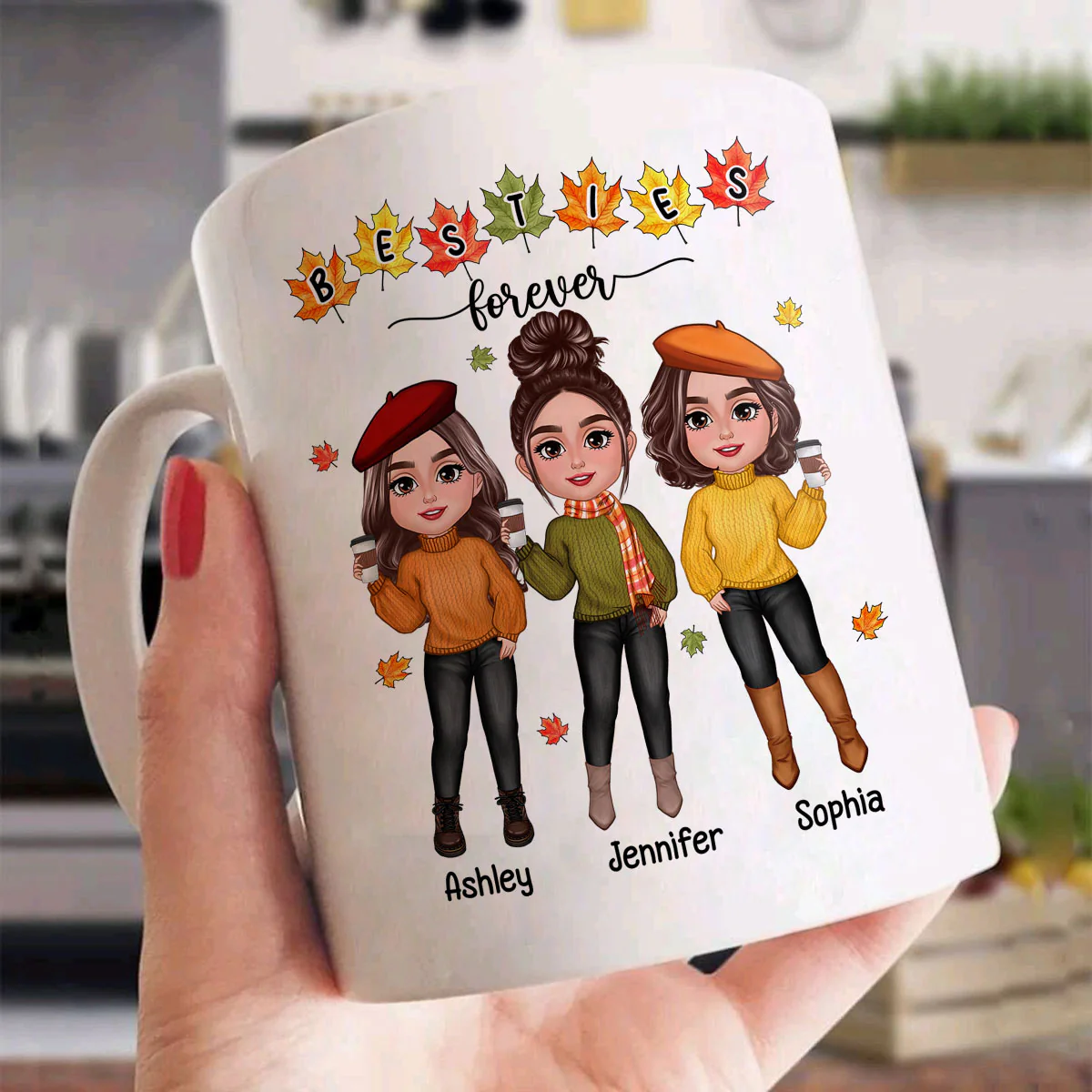 Fall Season Besties Sisters Standing Fall Leaves Personalized Mug - Image 3